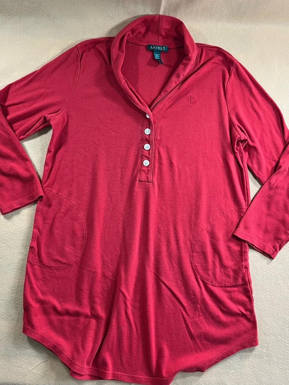 Lauren Ralph Lauren Women’s L Red Sleepshirt Nightgown Henley Long Sleeve